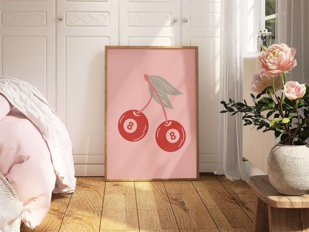 Retro 8 Ball Cherry Print, Blush Pink Apartment Decor, Red Cherries Kitchen Wall Art, Preppy Bar