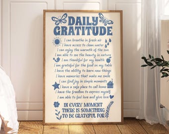 Daily Gratitude Poster, Blue Retro Print, Grateful Quote Wall Art, Thankful Quotes Wall Decor