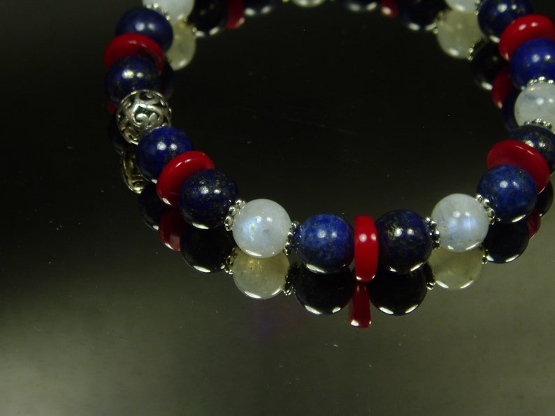 Fourth Of July Bracelet Genuine Rainbow Moonstone Red Coral Lapis Lazuli Bracelet Boho Statement Bracelet Vintage Sterling Jewelry