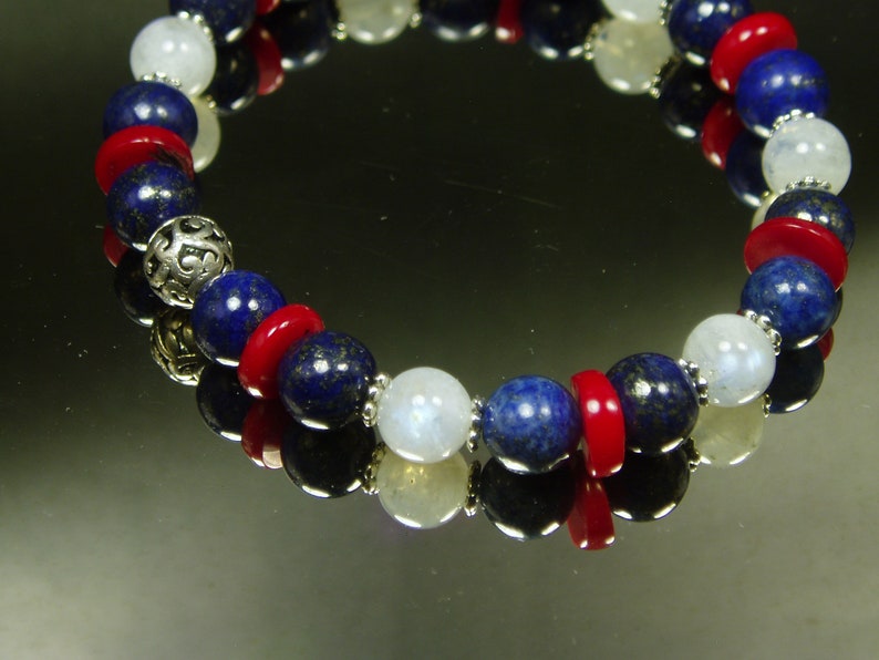 Fourth Of July Bracelet Genuine Rainbow Moonstone Red Coral Lapis Lazuli Bracelet Boho Statement Bracelet Vintage Sterling Jewelry