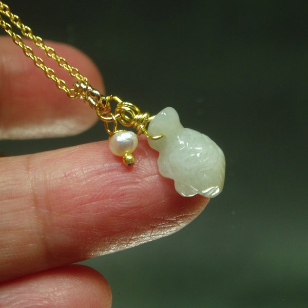 Turtle Pendant/ Small Genuine Jadeite Jade Turtle/ Carved Jadeite Turtle Necklace/ 16K Gold Filled Ball and Gold Filled Chain/ Longevity
