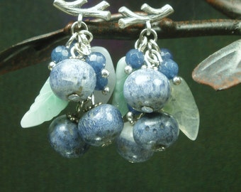 Blueberry Earrings/ Natural Blue Coral Jadeite leaves Dangle Earrings/ Oxidized Sterling Silver Branch Stud Earrings