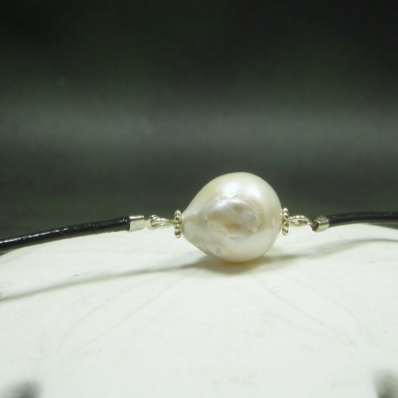 Large White Flameball Pearl Pendant Large Baroque Freshwater Pearl Necklace Black Leather Necklace