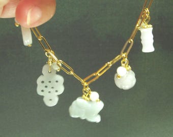 Jadeite Bunny Charm Bracelet: 18K Gold Plated Rabbit, Lotus, Bamboo