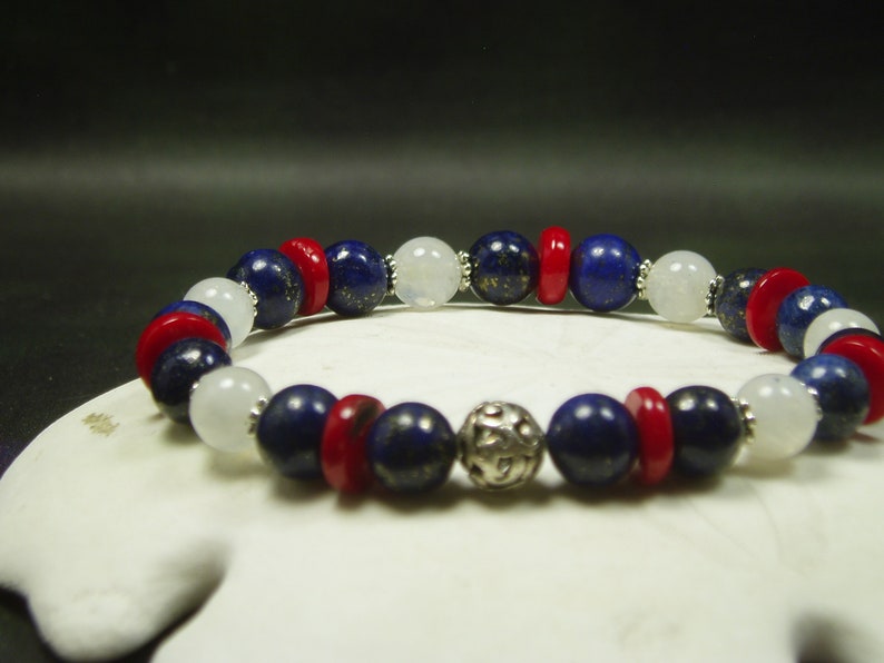 Fourth Of July Bracelet Genuine Rainbow Moonstone Red Coral Lapis Lazuli Bracelet Boho Statement Bracelet Vintage Sterling Jewelry