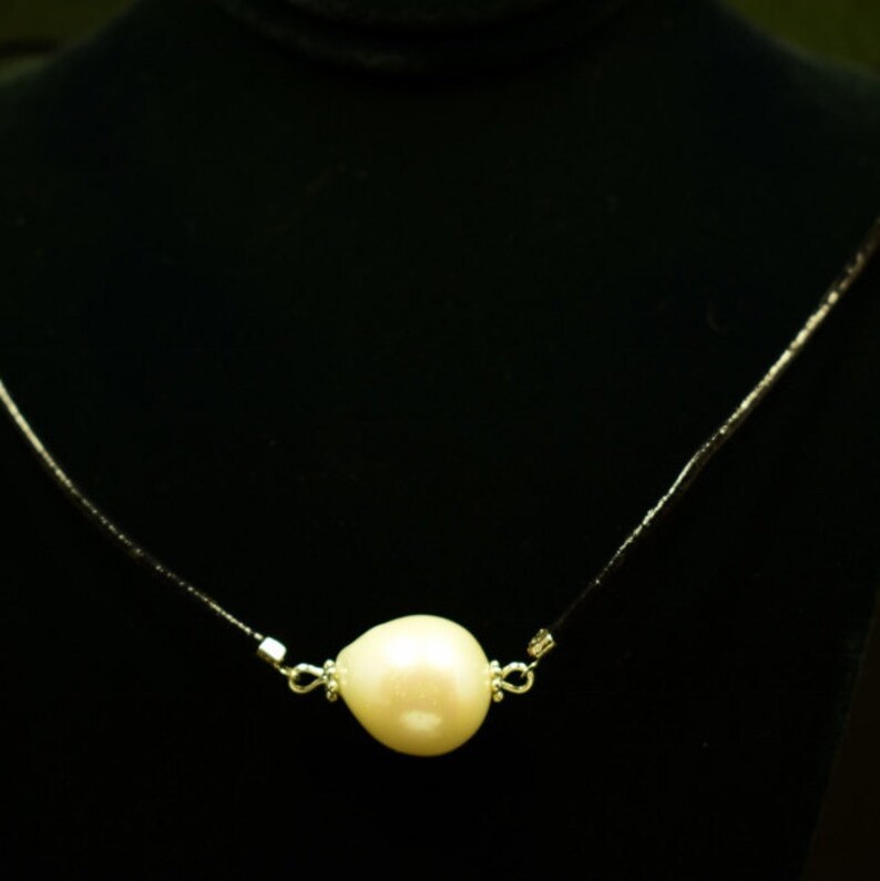 Large White Flameball Pearl Pendant Large Baroque Freshwater Pearl Necklace Black Leather Necklace