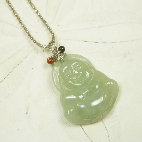 Handcrafted knot work adjustable green jade /"Happy Buddha/" pendant necklace
