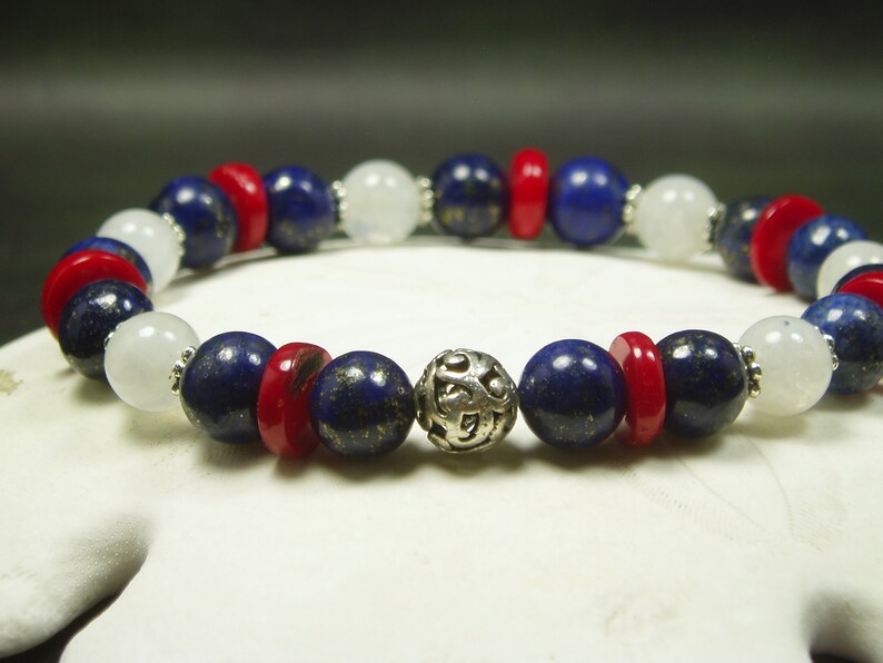 Fourth Of July Bracelet Genuine Rainbow Moonstone Red Coral Lapis Lazuli Bracelet Boho Statement Bracelet Vintage Sterling Jewelry