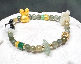Jadeite Bunny Bracelet: Carved Green Jadeite Jade Rabbit, Gold Fill Bunny and Happiness, Porcelain Bunny/ Elastic