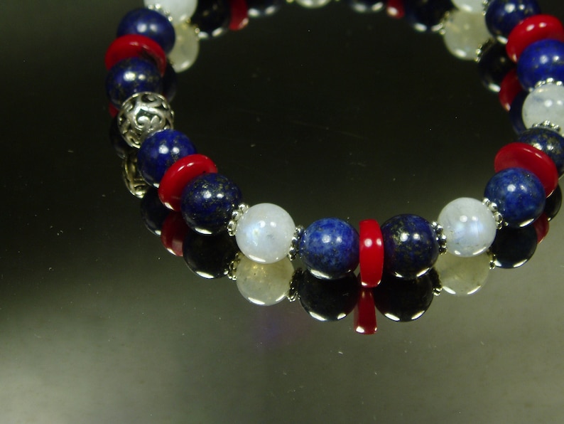 Fourth Of July Bracelet Genuine Rainbow Moonstone Red Coral Lapis Lazuli Bracelet Boho Statement Bracelet Vintage Sterling Jewelry