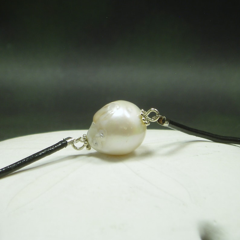 Large White Flameball Pearl Pendant Large Baroque Freshwater Pearl Necklace Black Leather Necklace