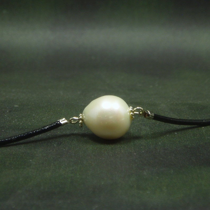 Large White Flameball Pearl Pendant Large Baroque Freshwater Pearl Necklace Black Leather Necklace