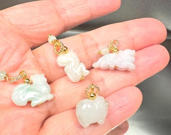 Carved Jadeite Animal Pendant: 14K Gold Fill Chinese Zodiac Necklace/ Tiger Monkey Rooster Boar
