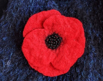 Wet Felted Poppy Brooch: Handmade Red Flower Lapel Pin