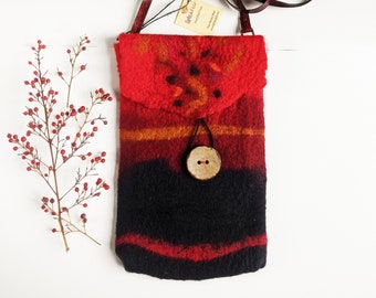 Handmade Felted Crossbody Bag: Red & Black Seamless Wool Pouch