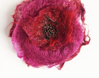Hand Felted Wool Flower Pin Brooch: Red & Pink Beaded Corsage