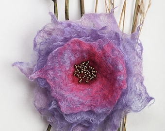 Large purple and pink flower with shiny beads, flower accessory, hat pin, hair clip, unique wet felted corsage, fabric flower