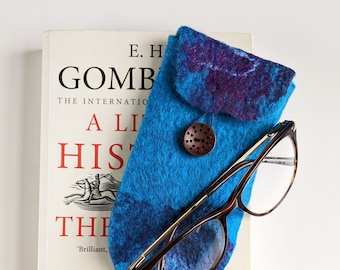 Wet felted, blue spectacle case, wool and silk pouch, soft protective sleeve, hippie string purse, reading glasses sleeve, glasses holder