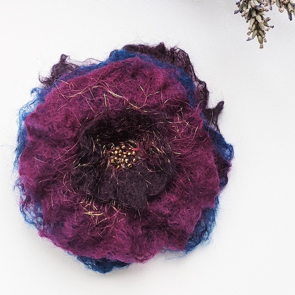 Wet felted unique, dark purple and blue flower with shiny beads, wool flower corsage, hair clip, unique hat decoration, fabric flower