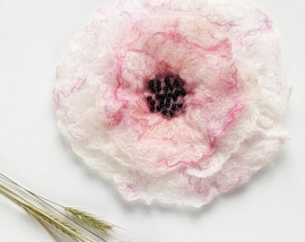 Wet felted unique white and pink wool flower with shiny beads,  corsage for dress, hair clip, unique hat decoration, fabric flower