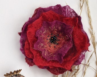 Large purple and red flower brooch with shiny beads, hand felted brooch, flower pin, hair clip, hand felted corsage, felt flower decoration