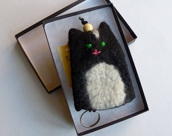 Hand Felted Cat Key Pouch, Keychain: Black & White Kitty Key Ring