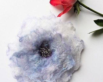Hand Felted Wool Flower Brooch: Beaded Hair Clip, White & Blue