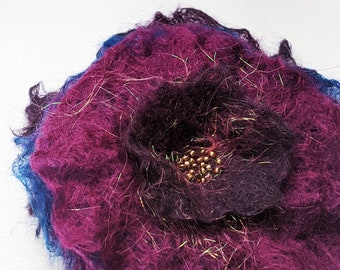 Wet Felted Wool Flower Brooch: Purple Blue Corsage Pin
