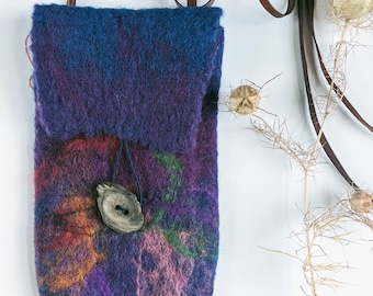 Wool Felted Crossbody Pouch: Dark Blue & Purple Phone/Glasses Case