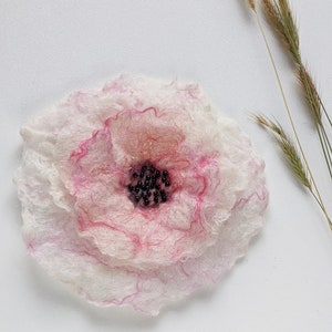 Wet felted unique white and pink wool flower with shiny beads, corsage for dress, hair clip, unique hat decoration, fabric flower image 1
