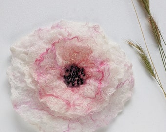 Wet felted unique white and pink wool flower with shiny beads,  corsage for dress, hair clip, unique hat decoration, fabric flower