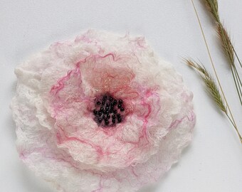 Wet Felted Wool Flower Brooch: White & Pink Beaded Corsage
