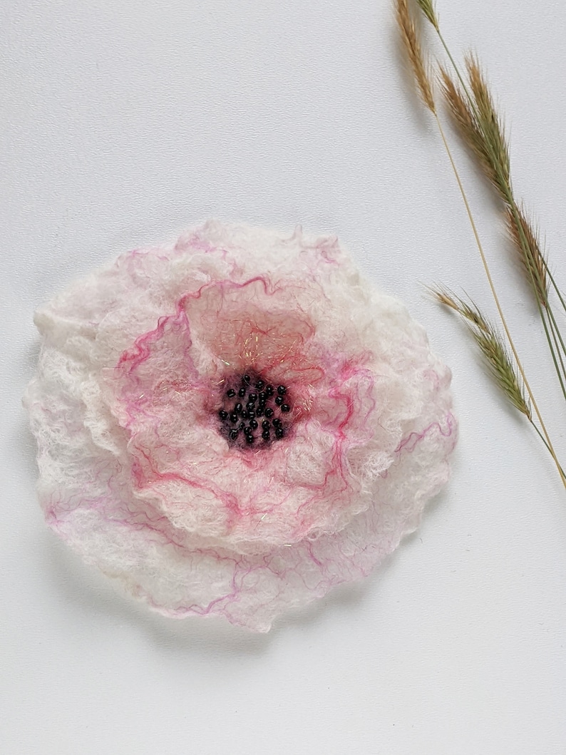 Wet felted unique white and pink wool flower with shiny beads, corsage for dress, hair clip, unique hat decoration, fabric flower image 1