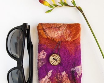 Wet felted, burnt orange and purple spectacle case, wool and silk pouch, gift for mum, reading glasses sleeve, hand made glasses holder