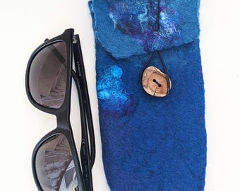 Handmade dark blue Felted Glasses Case: Merino Wool & Silk