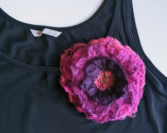 Large unique pink and dark purple flower with shiny beads, wet felted flower corsage, hair clip, unique hat decoration, fabric flower