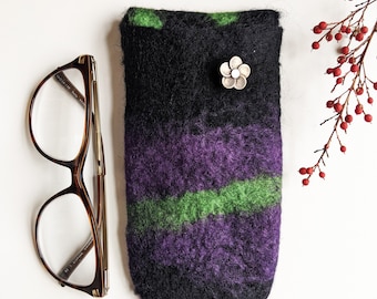 Wet felted  sunglasses case, wool and silk pouch, smart phone pouch, black green an purple case, hippie phone case, reading glasses sleeve