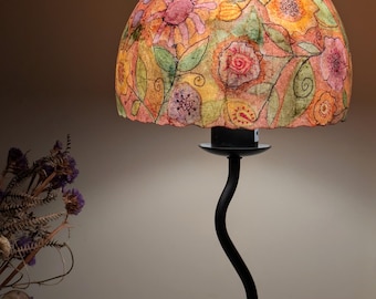 Floral Paper Lampshade: Hand-Painted, Round, Flower Lamp, Unique Boho Cottage Décor