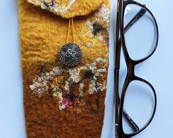 Soft wet felted glasses case, wool and silk felted pouch, shades of yellow case, decorated with silk fibres, reading glasses holder
