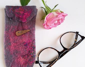 Wet Felted Wool & Silk Glasses Case: Grey and Pink Spectacle Pouch