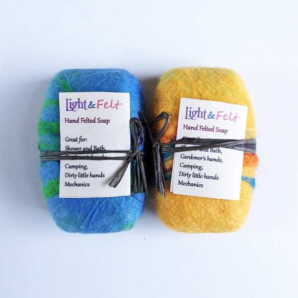 Felted soap bars, set of two felted soaps, exfoliating soap bar, scented non slippery soap, camping gift, UK hand made