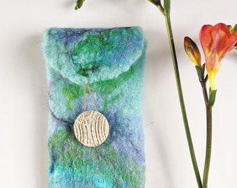 Wet felted bright blue reading glasses case, wool pouch, unique gift for her, hippie phone case, sunglasses sleeve, handmade glasses cover