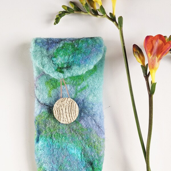 Wet felted bright blue reading glasses case, wool pouch, unique gift for her, hippie phone case, sunglasses sleeve, handmade glasses cover