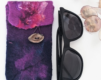 Handmade Dark Purple Felted Glasses Case: Merino Wool & Silk