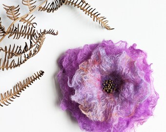 Wet Felted Wool Flower Brooch: Purple & Light Blue Beaded Corsage