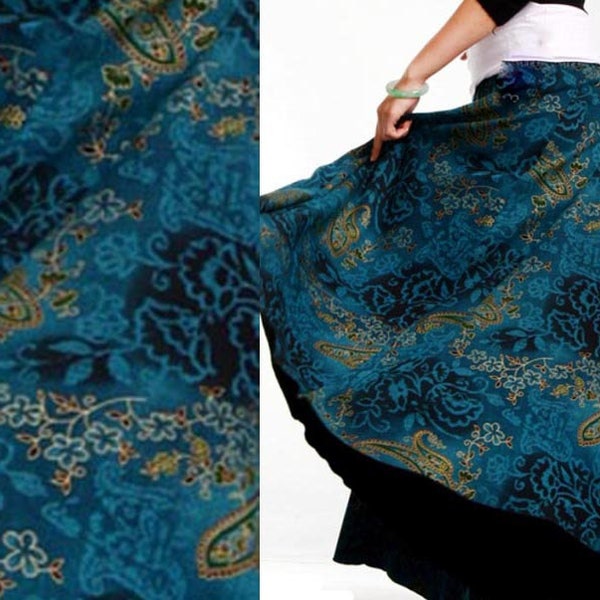 bohemia thick and long peacock blue maxi skirt with floral pattern