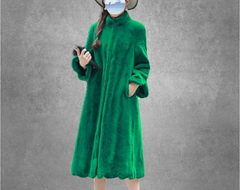 Faux rabbit fur maxi length coat green