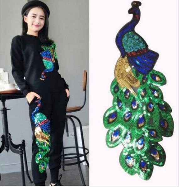 Cratone DIY Patch Sticker Peacock Sequin Clothing Applique Patches Embroidery Patches Gold Thread Embroidery Stickers Applique Clothing Stickers 34x12cm