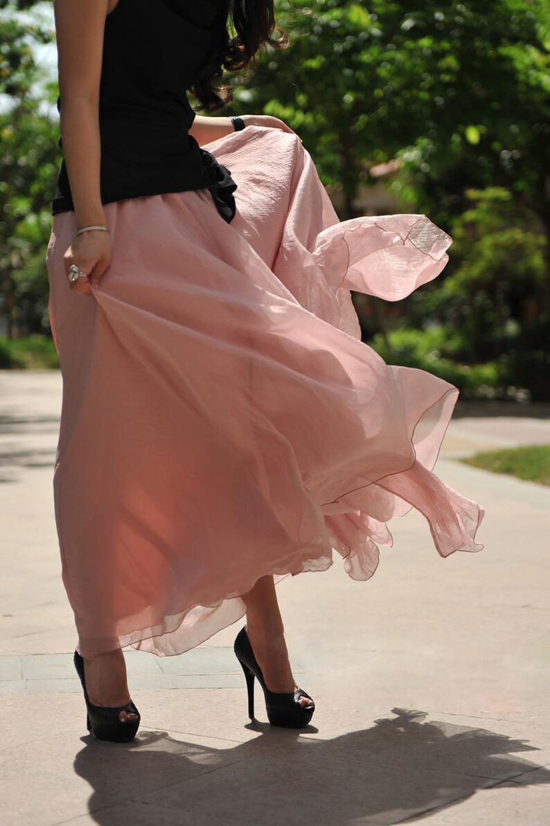big flare maxi chiffon skirt soft pink color