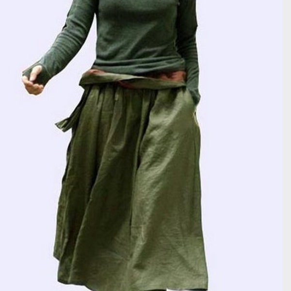 Big flare linen skirt - army green